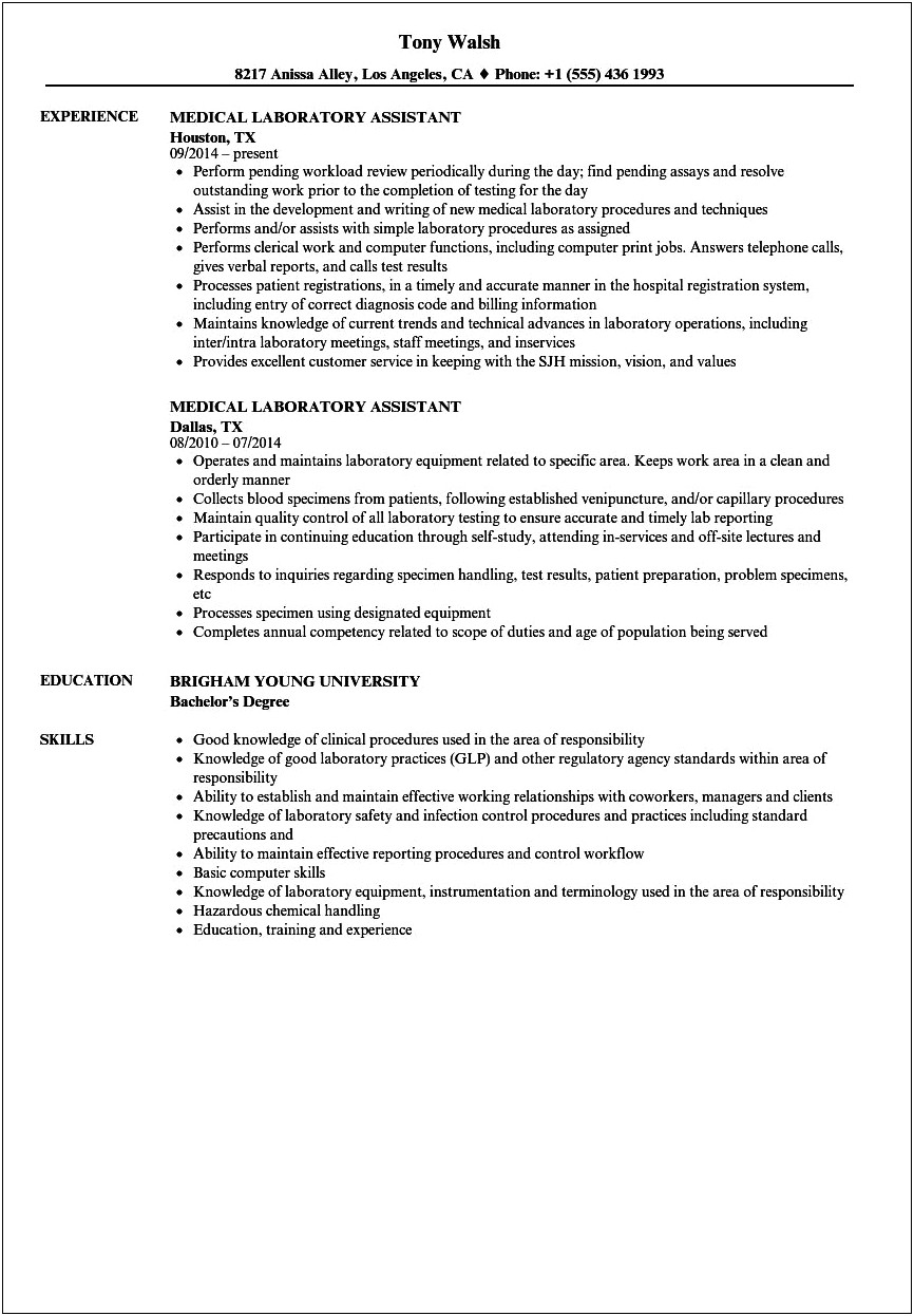 Sample Resume Of A Medical Lab Technician
