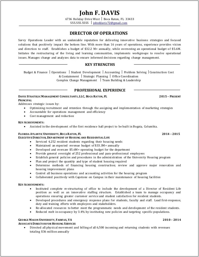 Sample Resume Of A Operations Manager