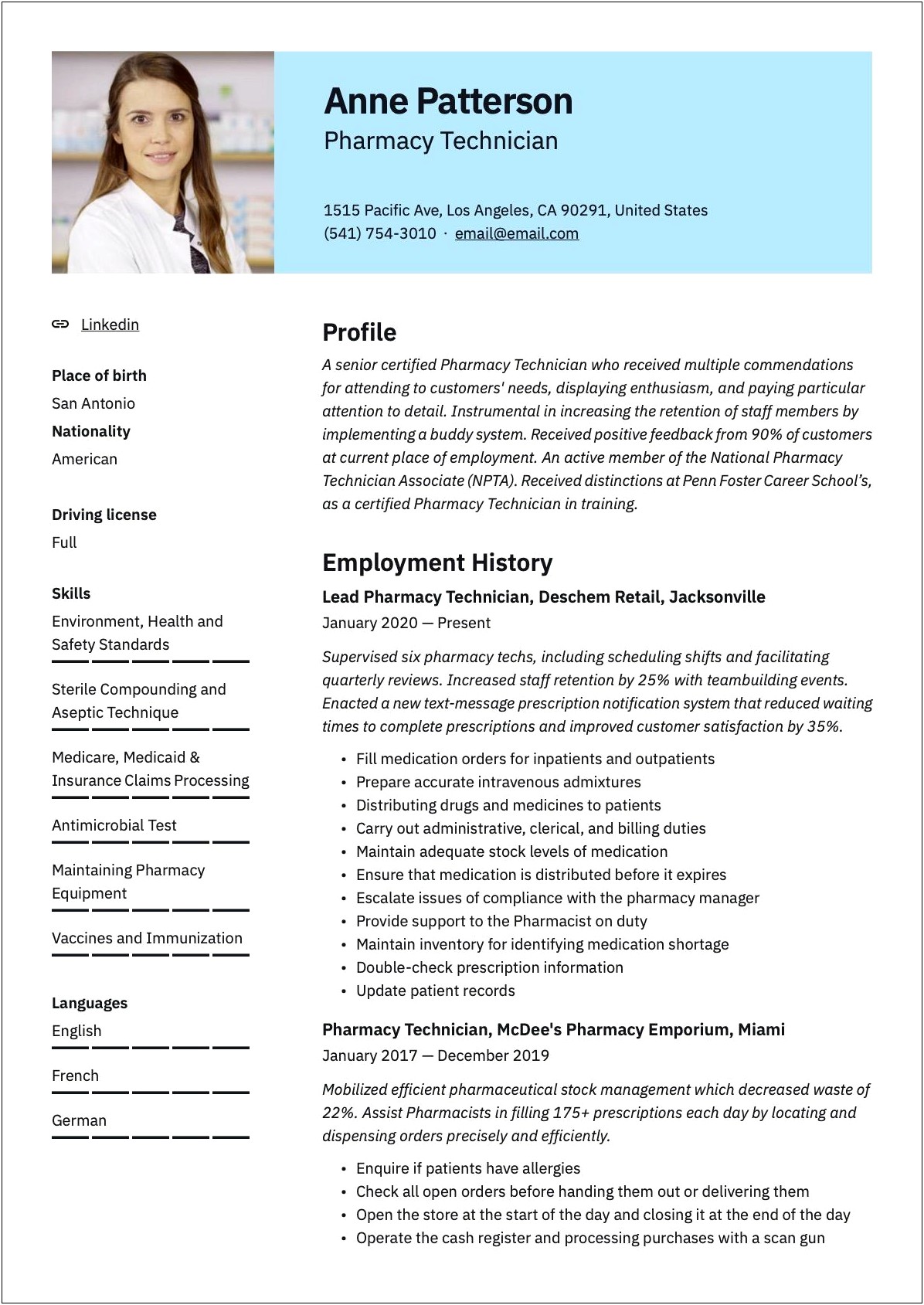 Sample Resume Of A Pharmacy Technician