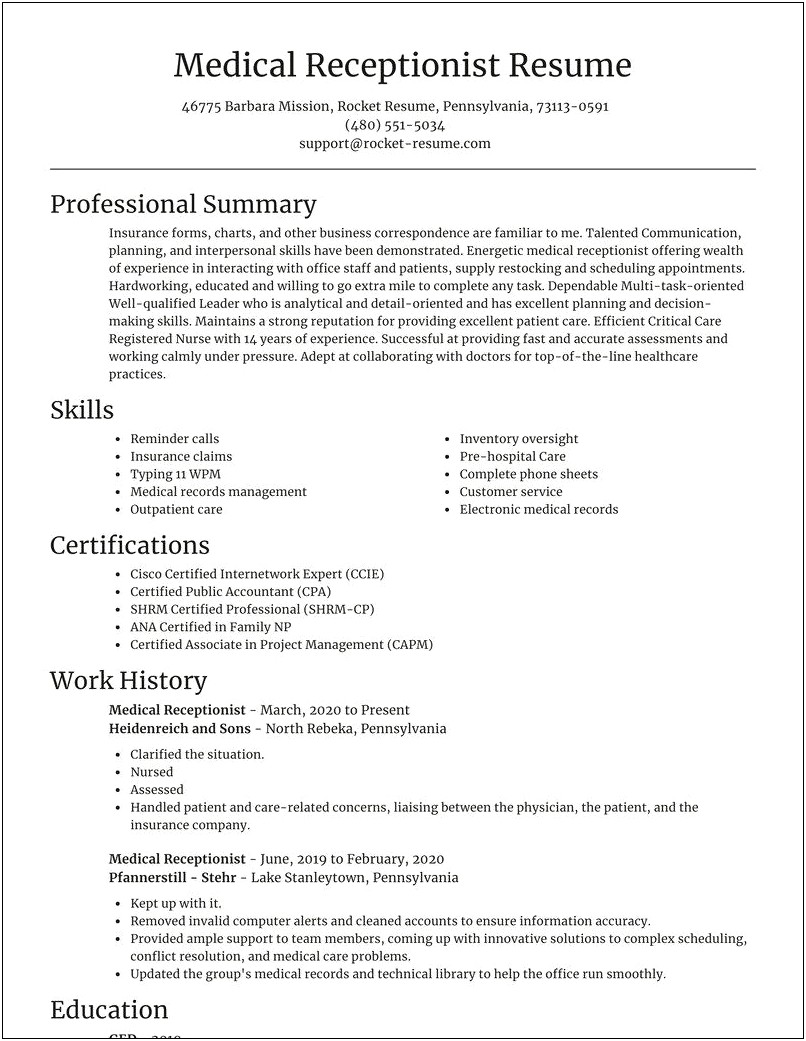 Sample Resume Of A Receptionist 2019