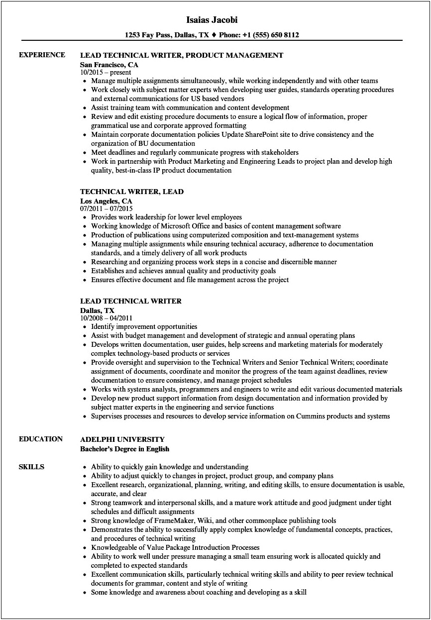Sample Resume Of A Technical Writer