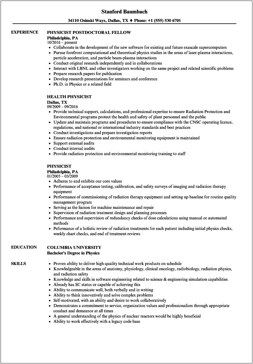 Sample Resume Of An Astrophysics Student