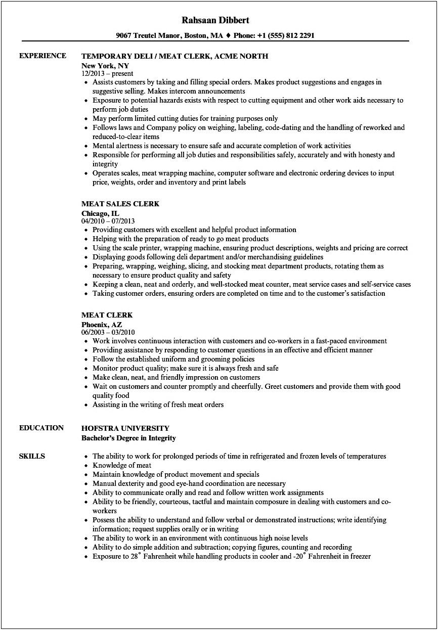 Sample Resume Of Butcher Meat Cutter