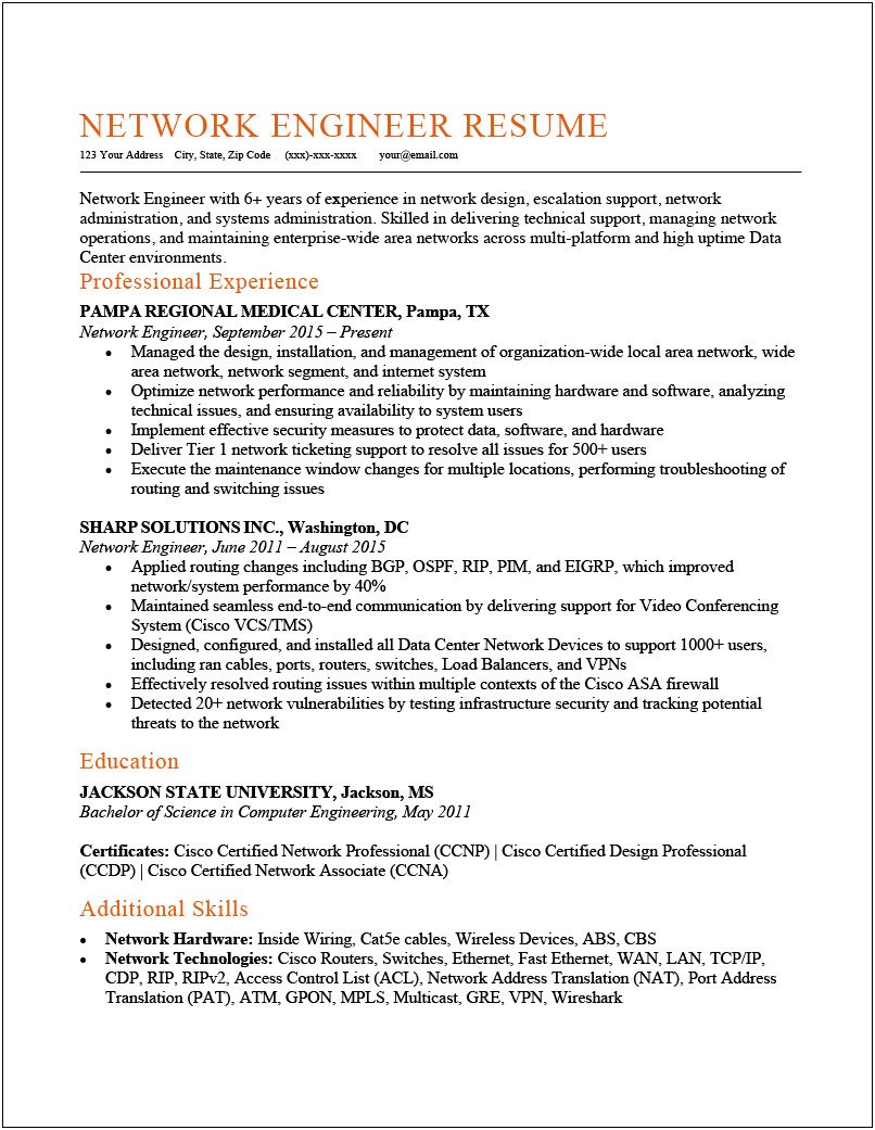 Sample Resume Of Cisco Engineer New Grad