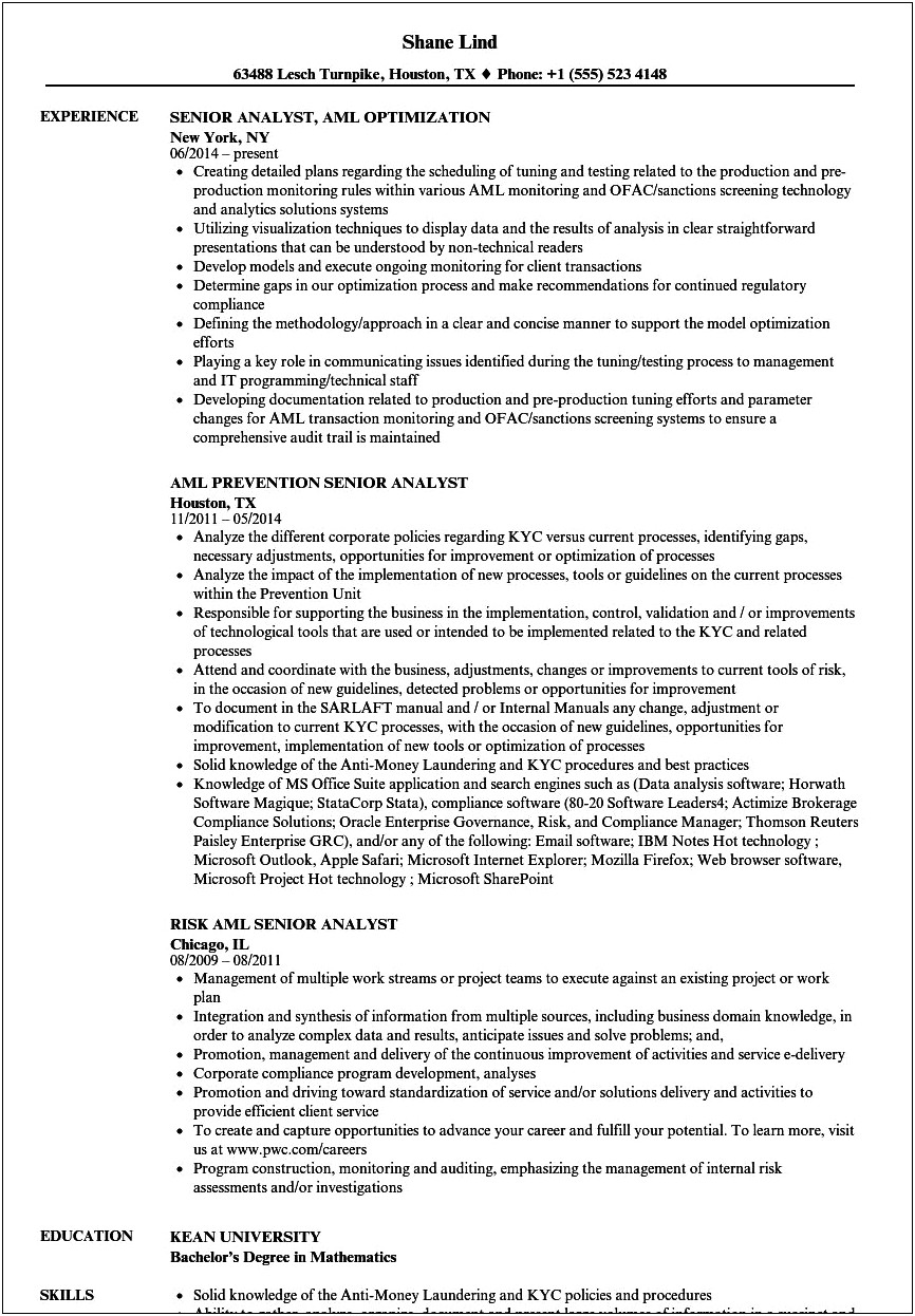 Sample Resume Of Compliance Aml Execution Analyst