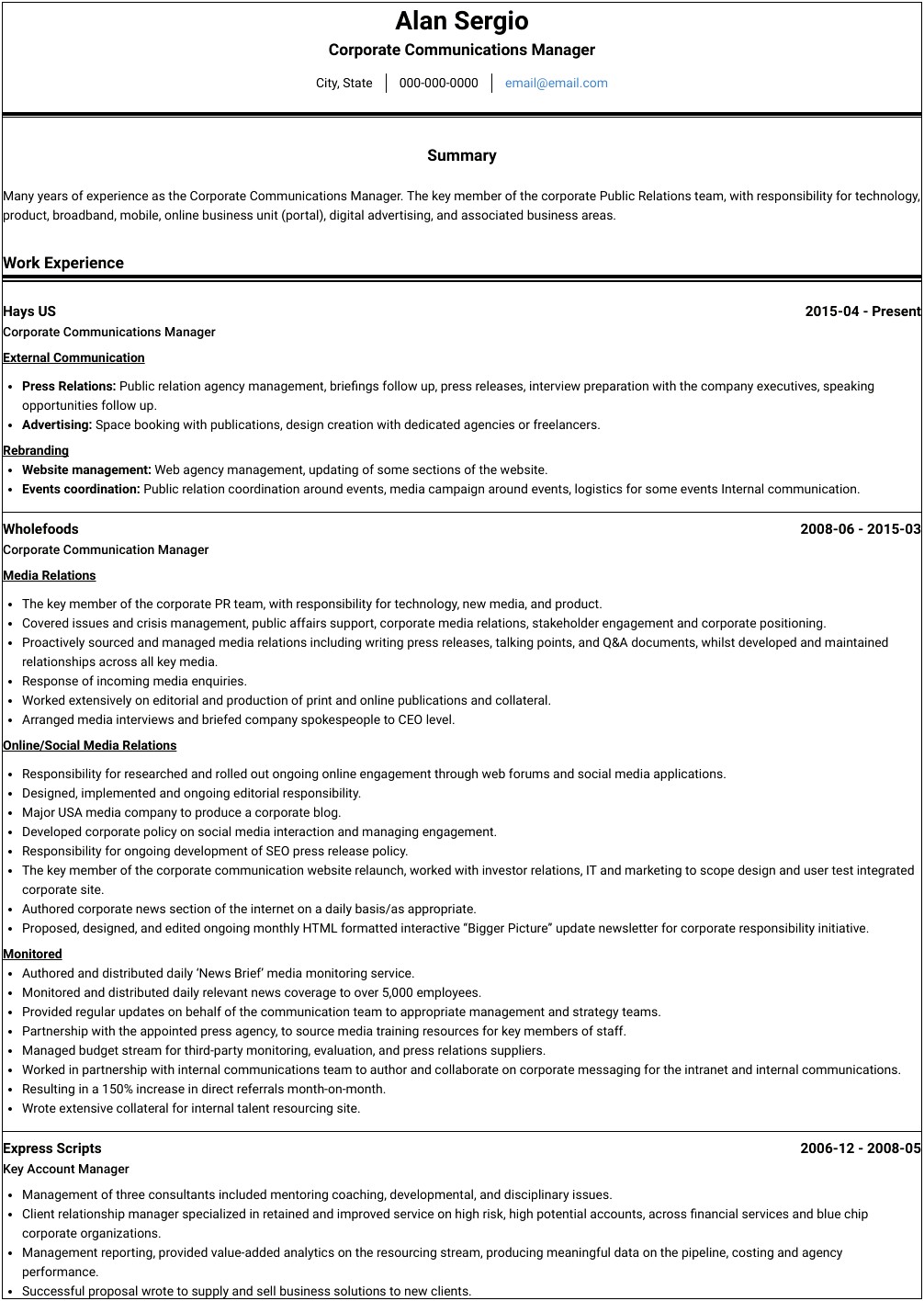 Sample Resume Of Corporate Communication Manager
