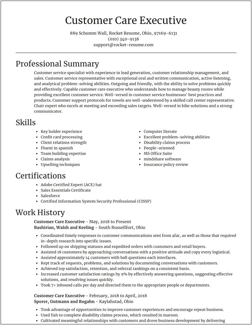 Sample Resume Of Customer Support Executive