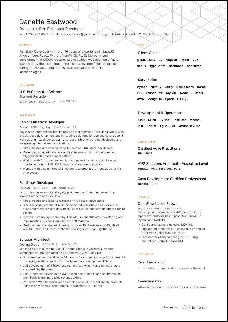 Sample Resume Of Full Stack Developer