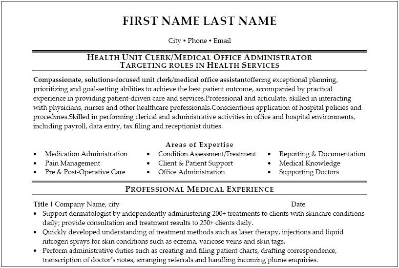 Sample Resume Of Hospital Admitting Clerk