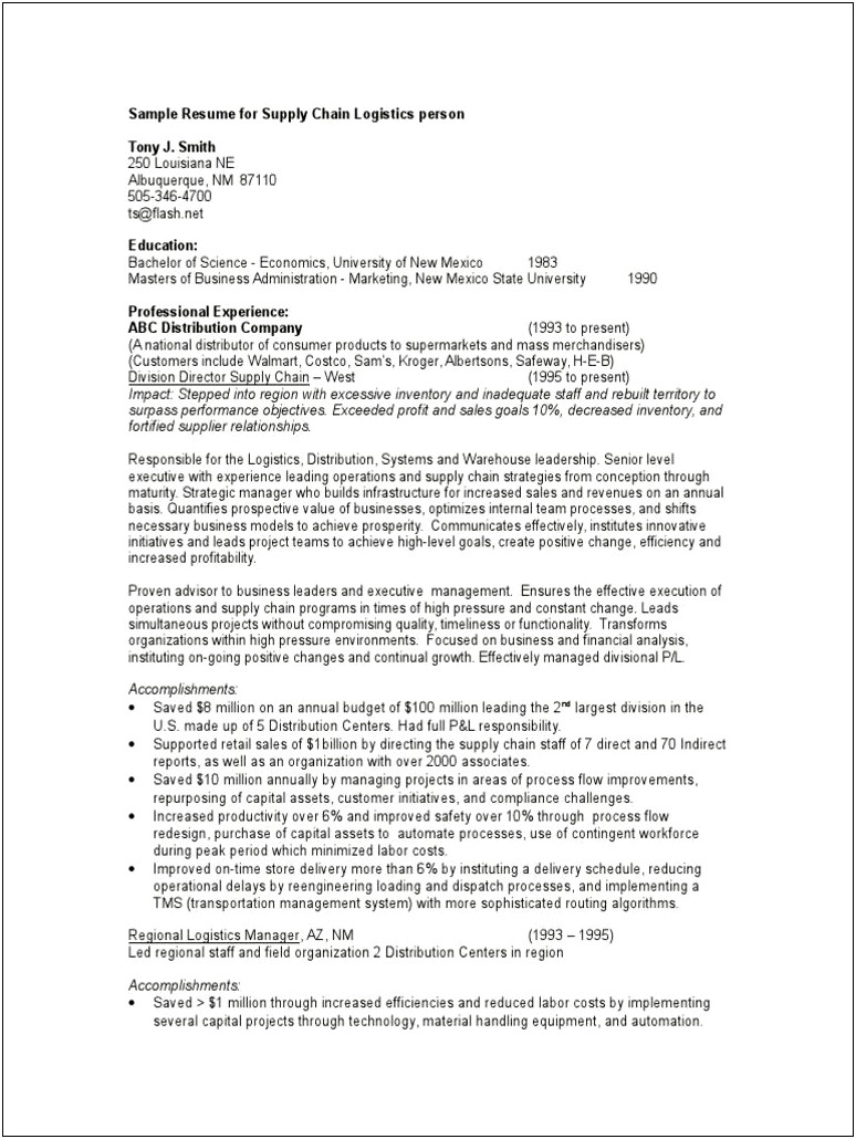 Sample Resume Of Logistics Supply Chain Manager