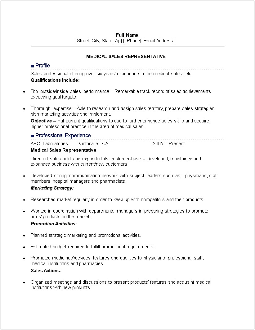 Sample Resume Of Medical Sales Representative