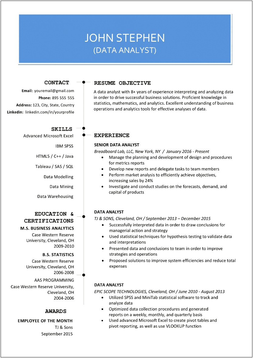 Sample Resume Of Product Analyst Of Freshers