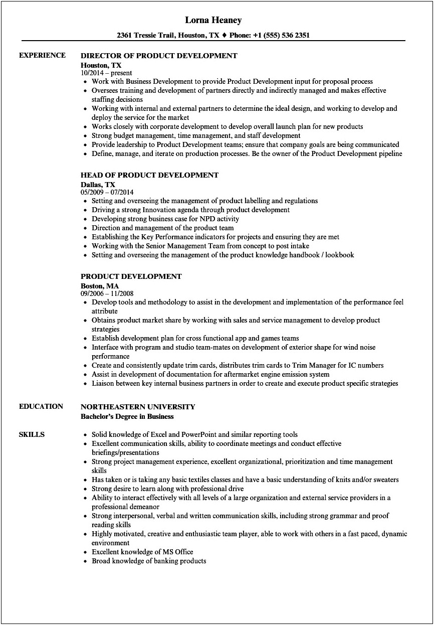 Sample Resume Of Product Development Manager