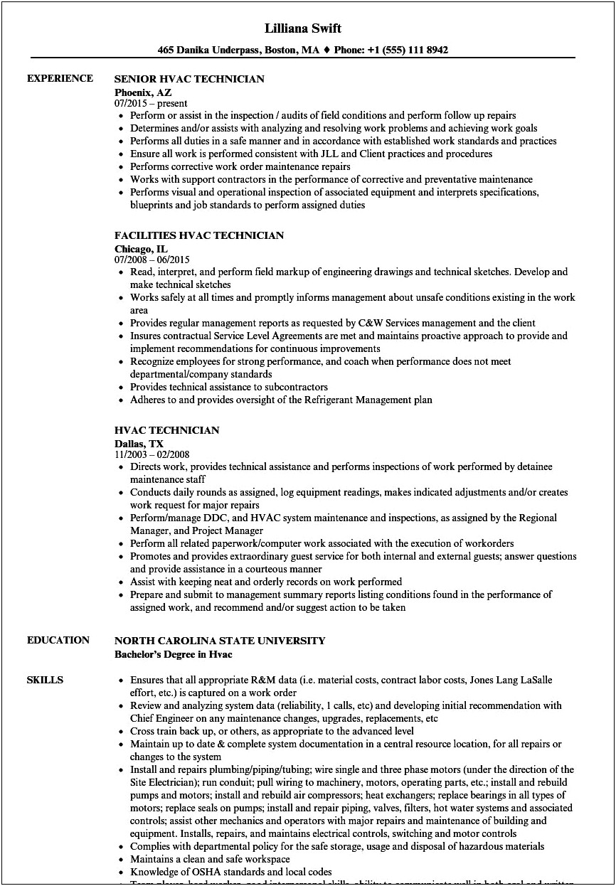Sample Resume Of Refrigeration And Air Conditioning Technician