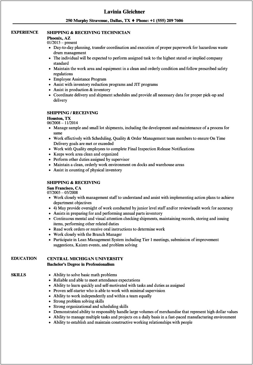 Sample Resume Of Shipping And Receiving Clerk