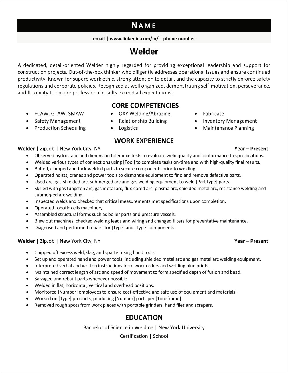 Sample Resume Of Smaw Welder With Job Description