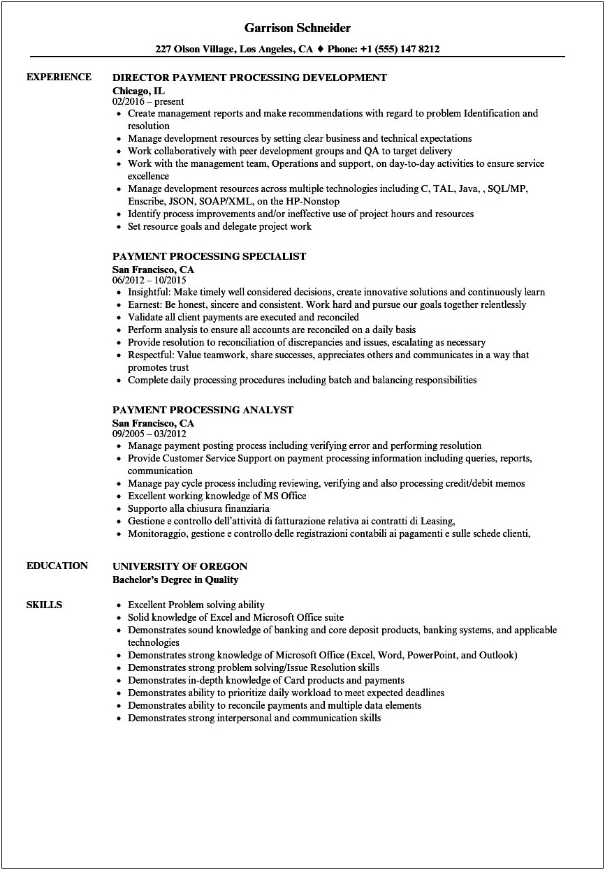 Sample Resume On Payments Related Systems