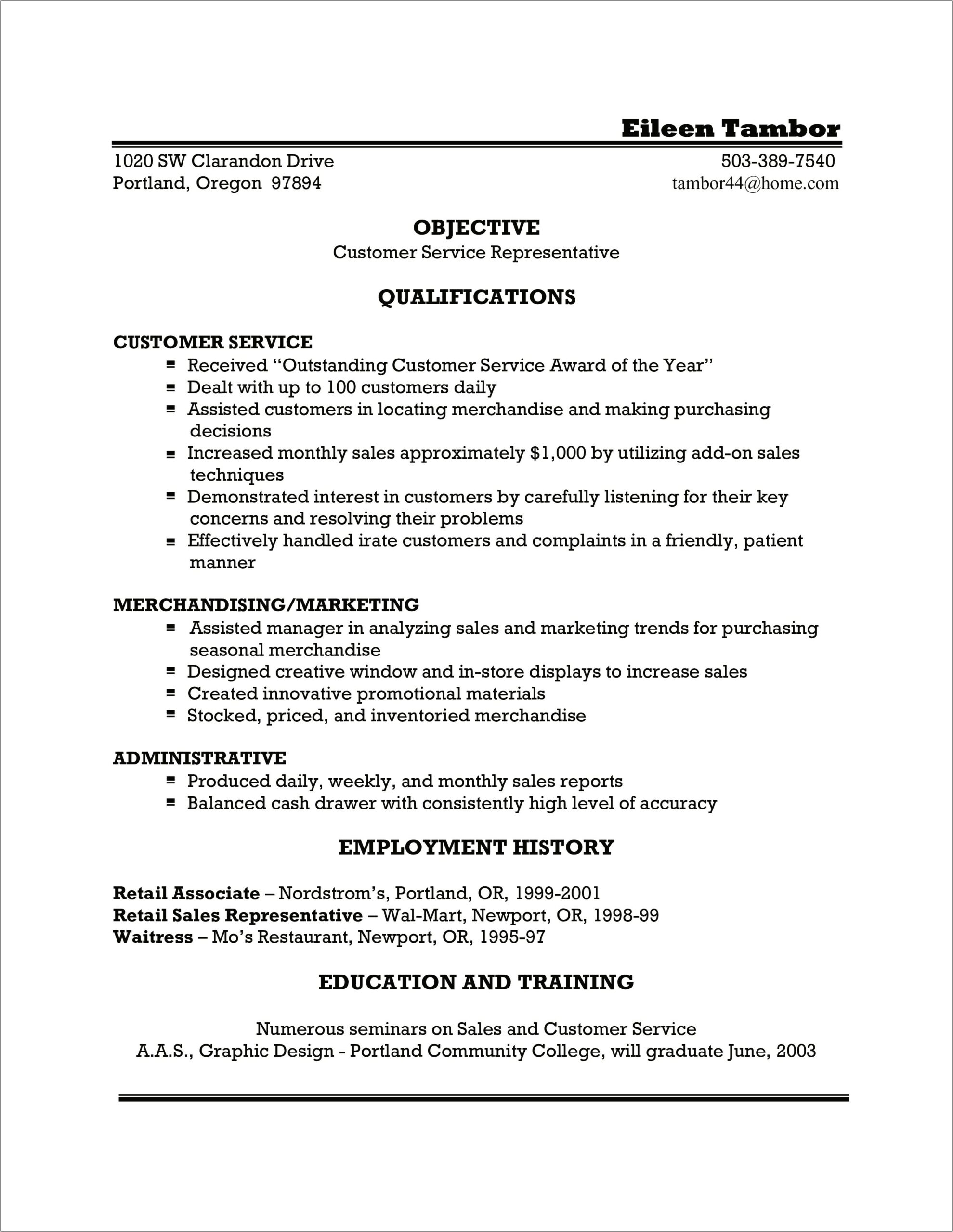 Sample Resume On Retail Customer Service Specialist