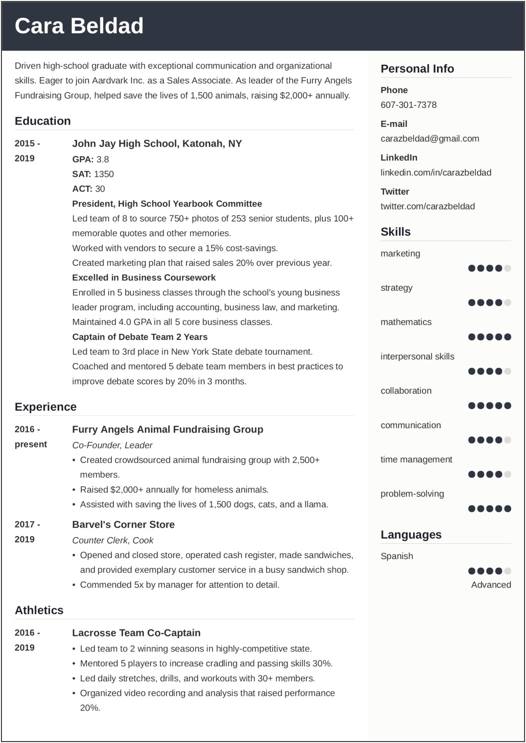 Sample Resume One Page High School Student
