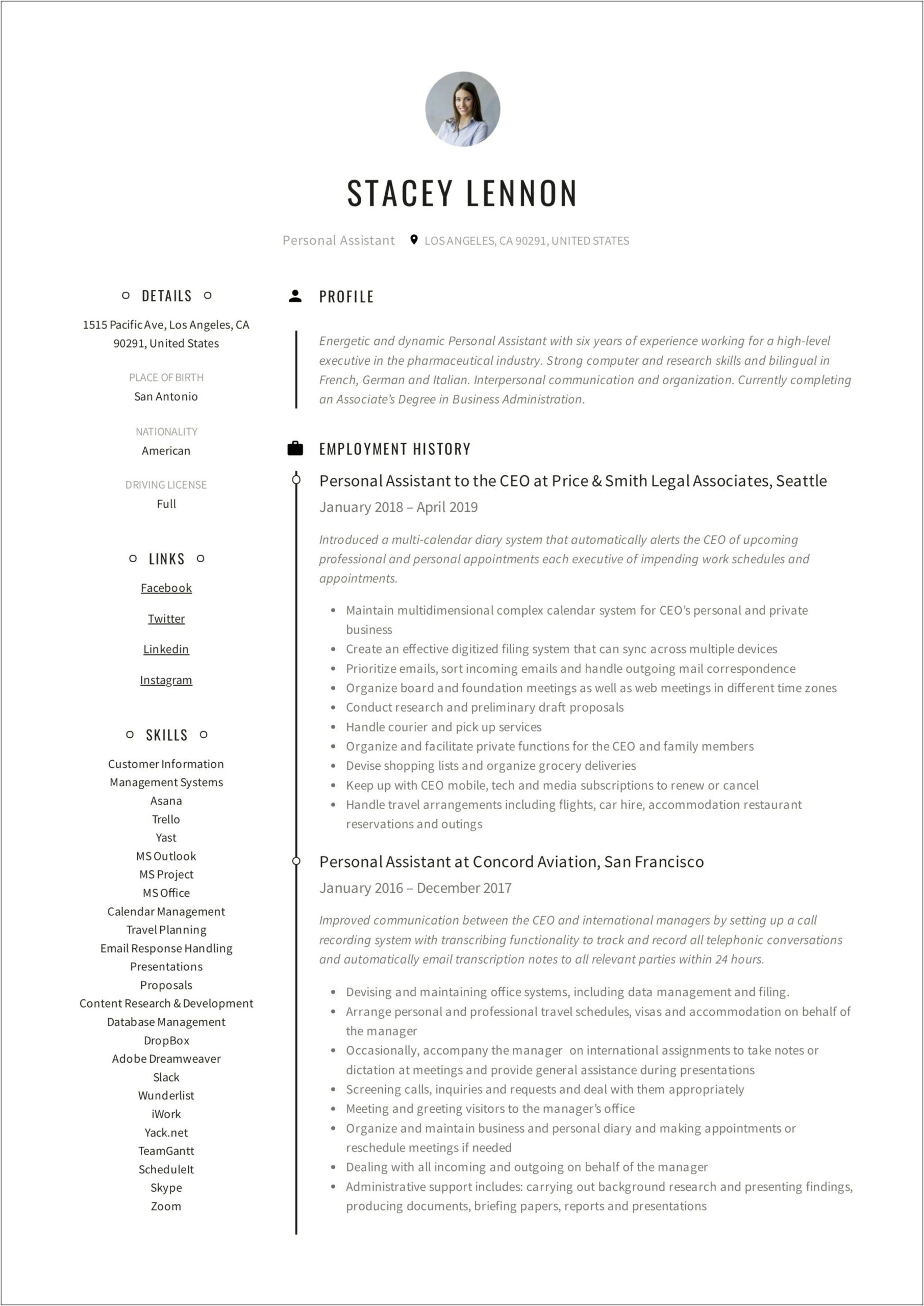 Sample Resume Personal Assistant No Experience