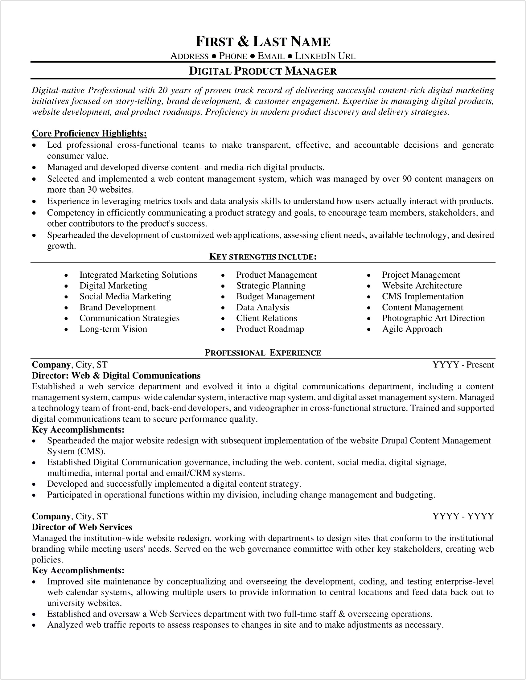 Sample Resume Product Director Position