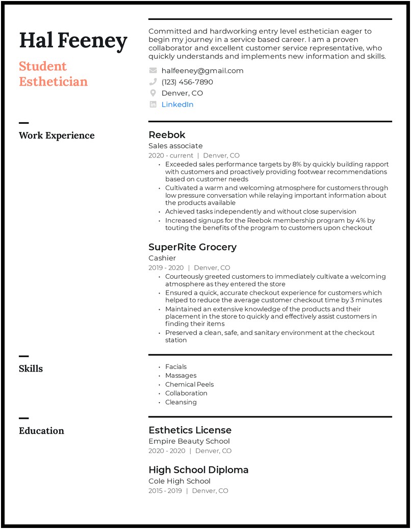 Sample Resume Profile Esthetician No Experience
