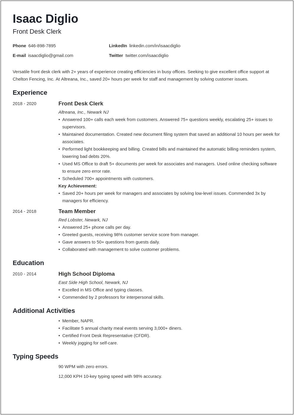 Sample Resume Receptionist No Experience Objective