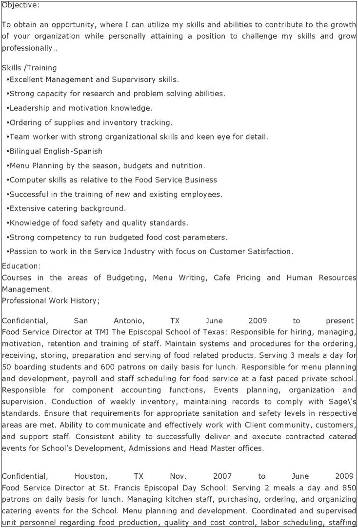 Sample Resume Templates Food Service Manager