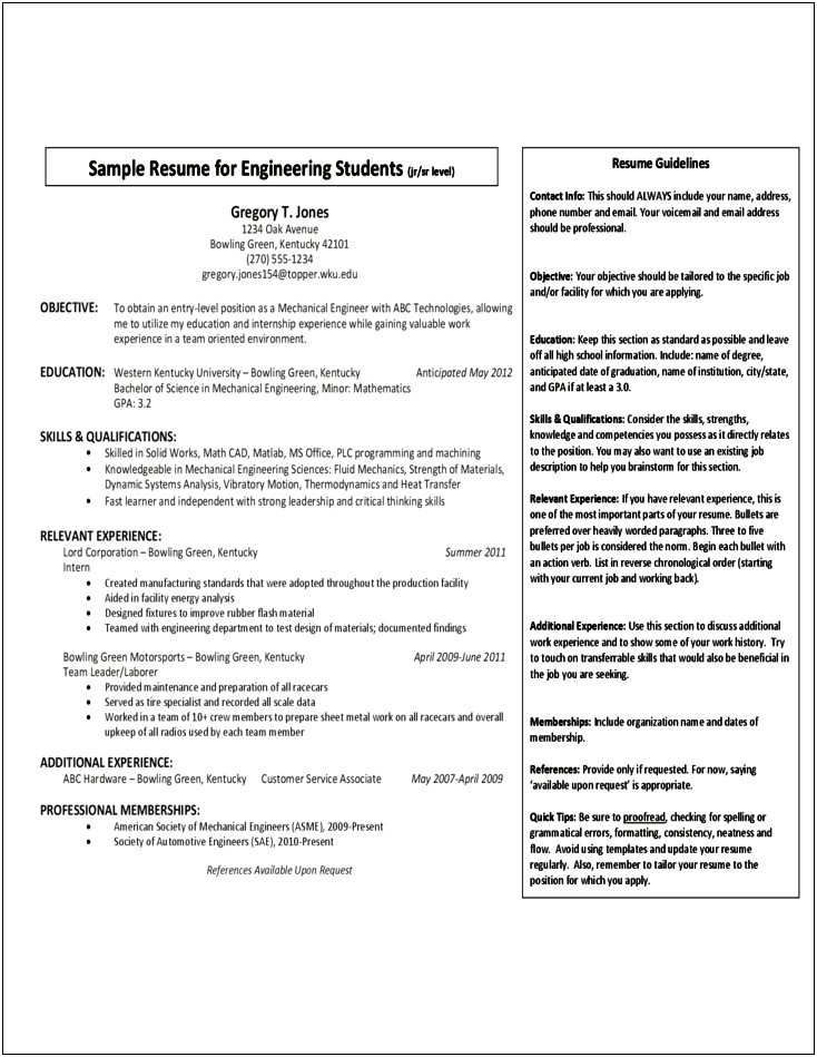 Sample Resume Templates For Engineering Students