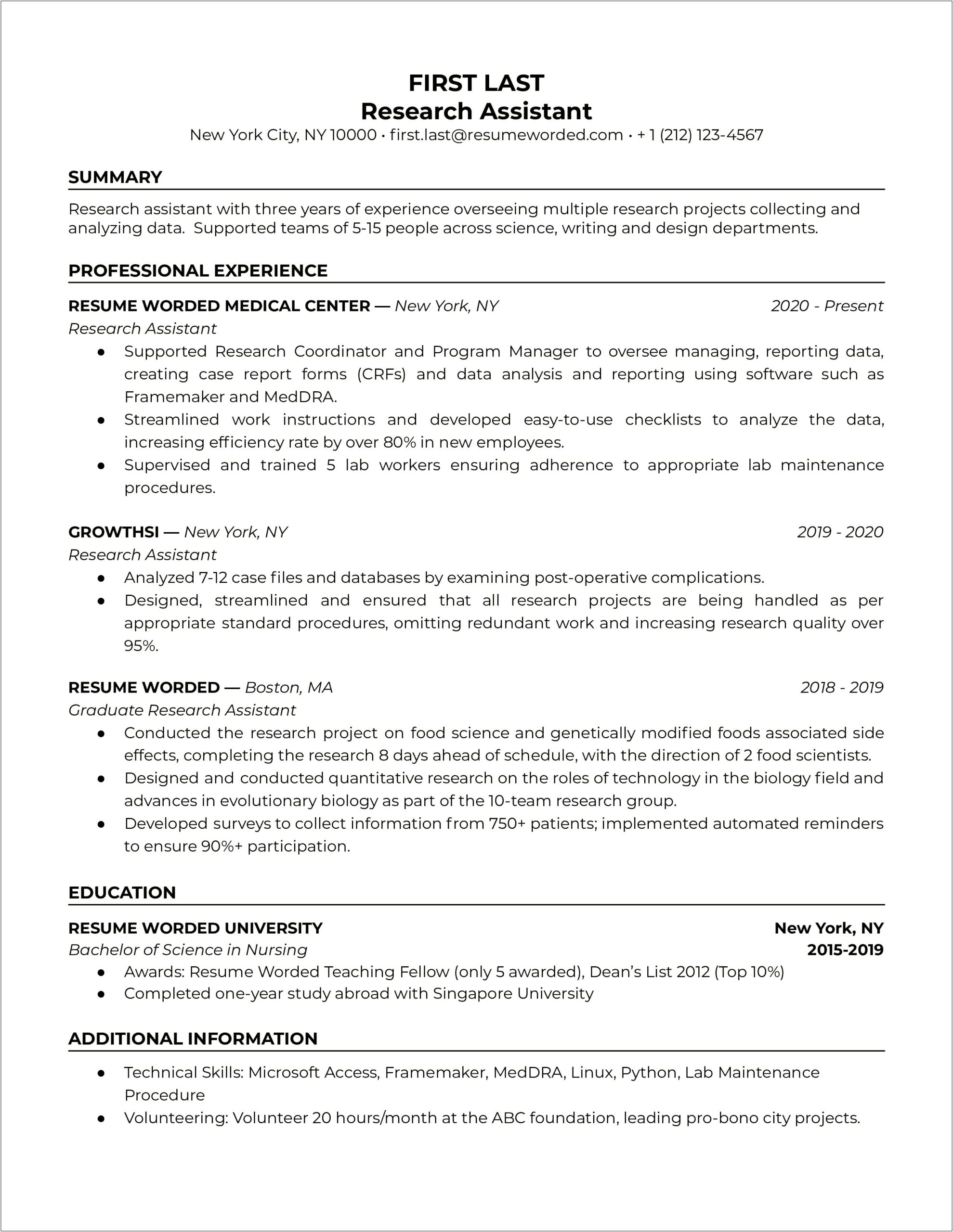 Sample Resume Templates For Medical Research