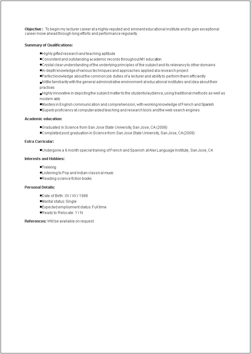 Sample Resume To Apply For Lecturer Post