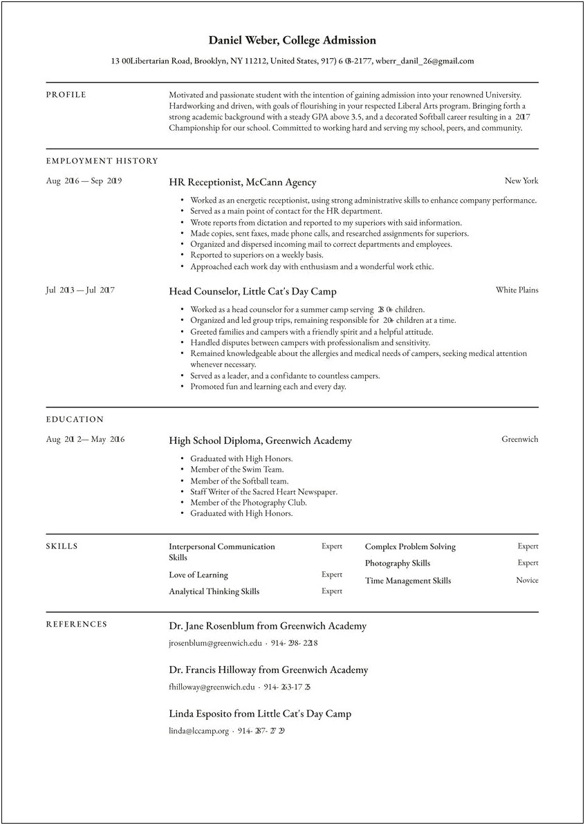 Sample Resume To Get Into College