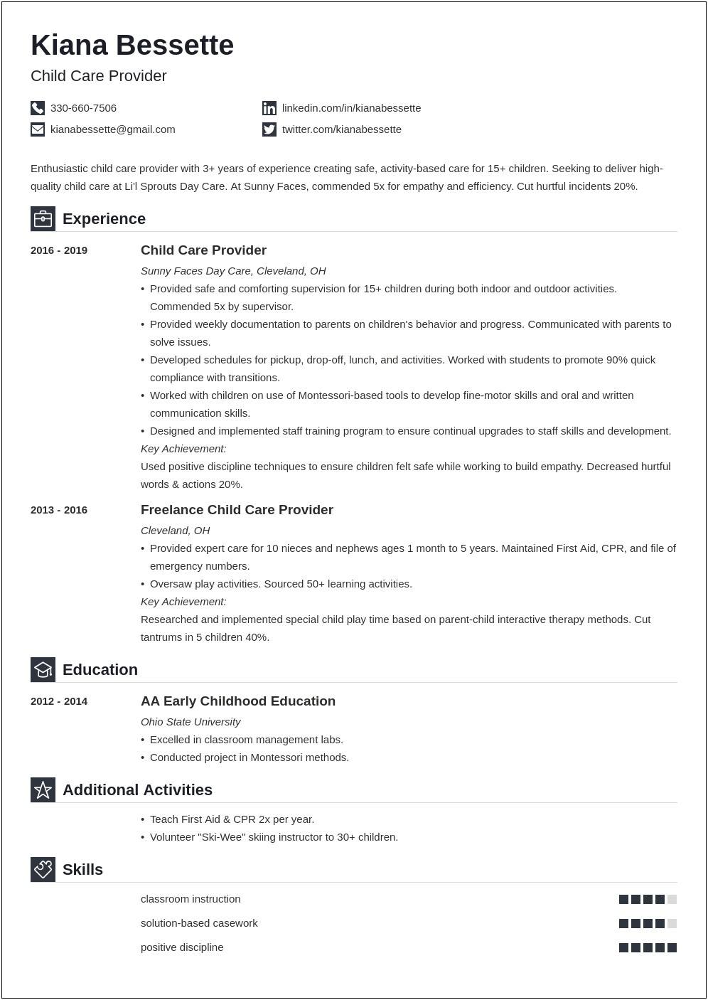 Sample Resume To Work In Childcare