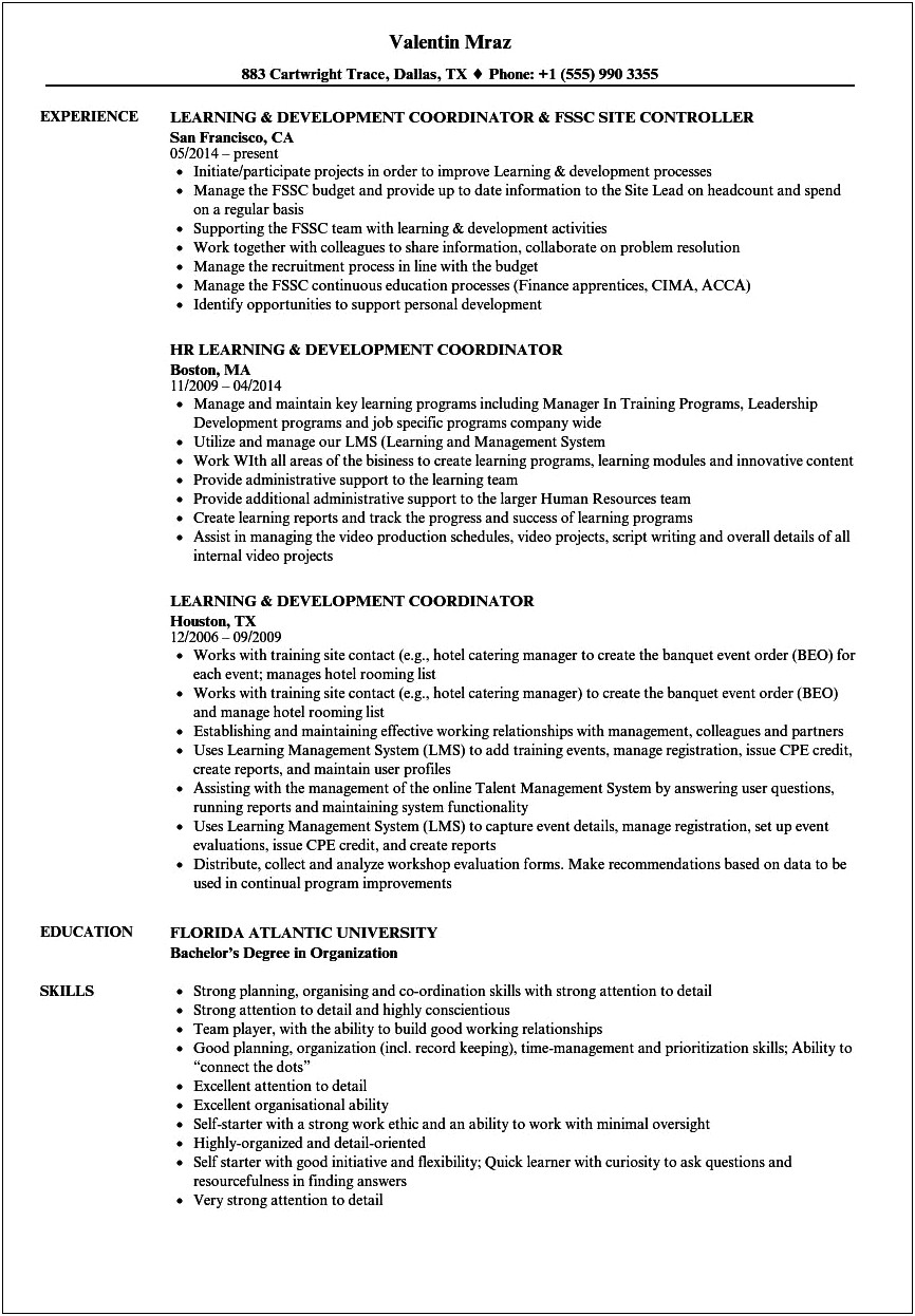 Sample Resume Training Coordinator With Listed