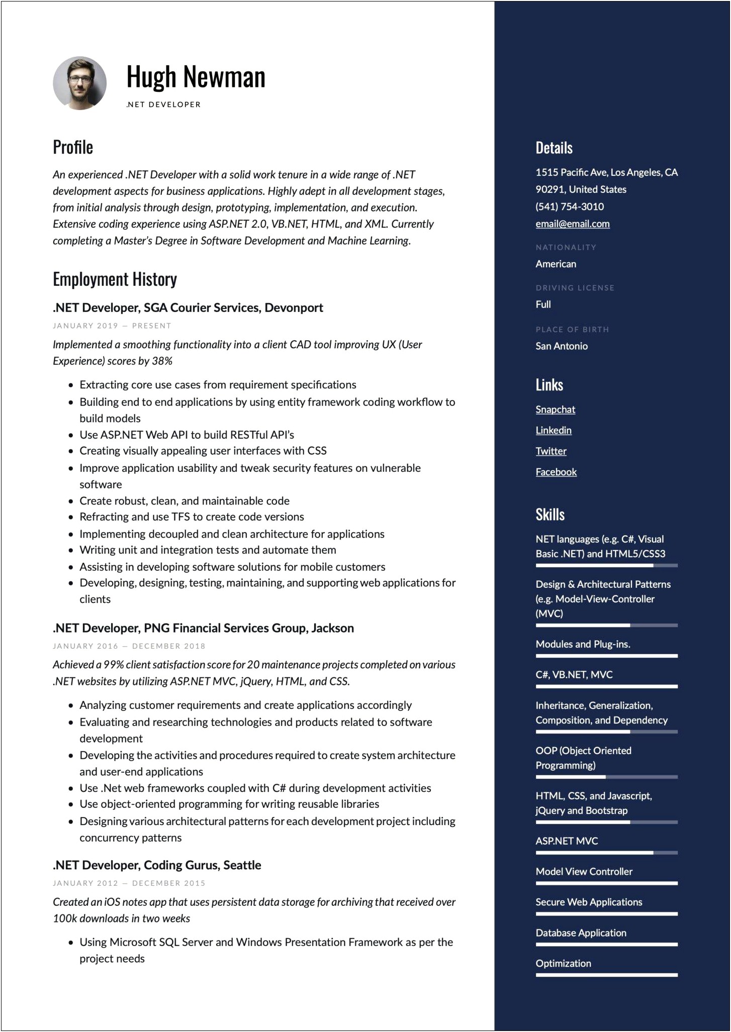 Sample Resume With Asp Net Core Experience