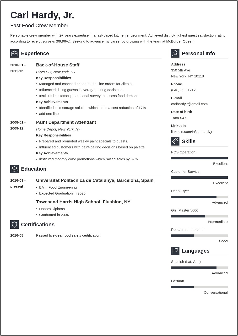 Sample Resume With Fast Food Experience