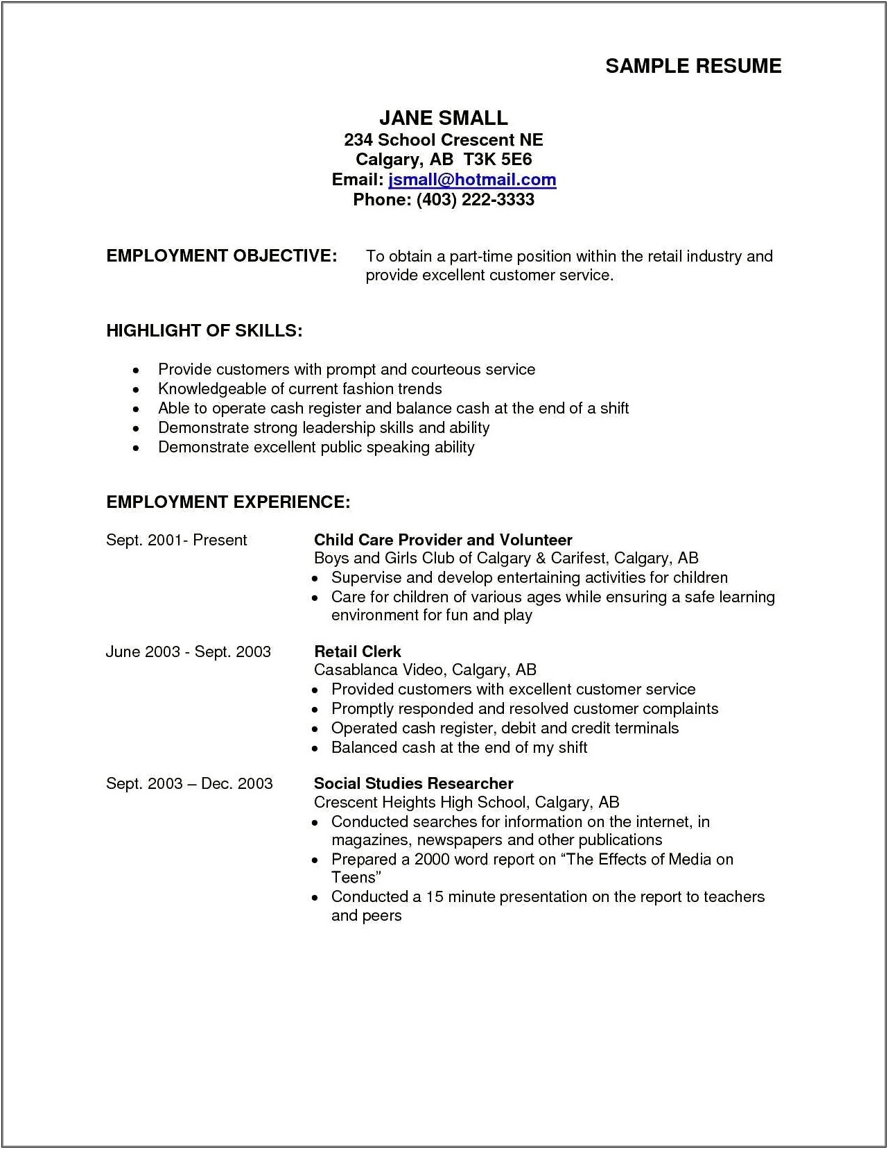 Sample Resume With Full And Part Time Experience