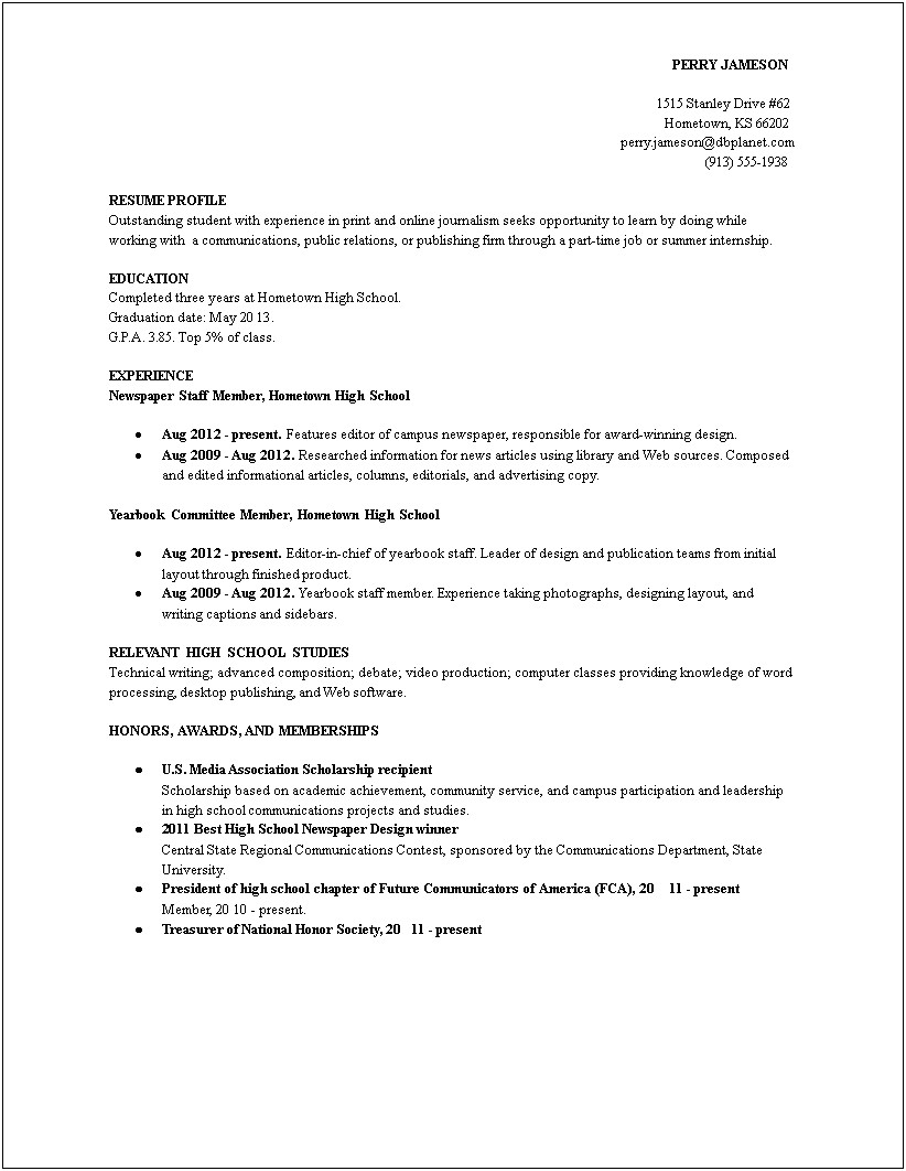 Sample Resume With High School Honors