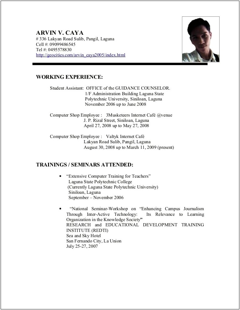 Sample Resume With Trainings And Seminars