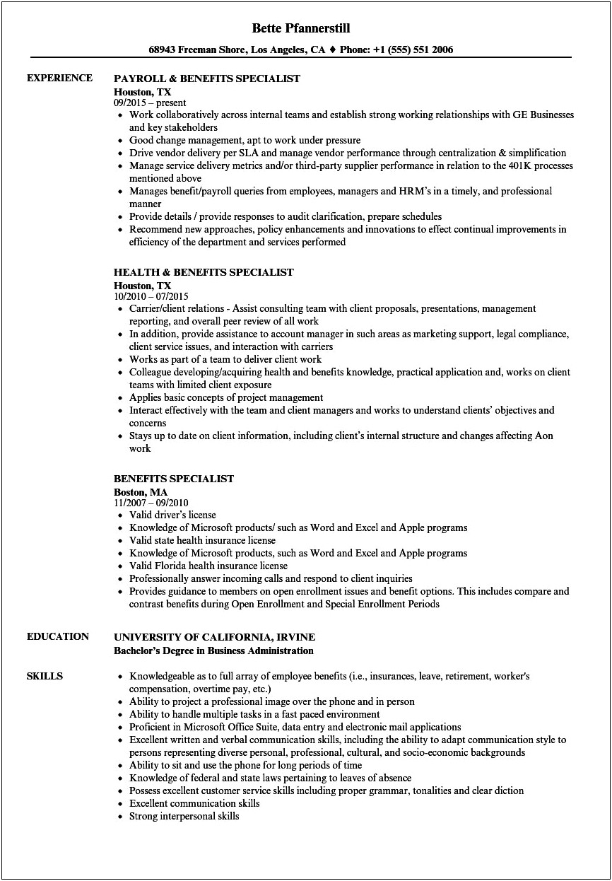 Sample Resume.for Hr Benefits Specialist