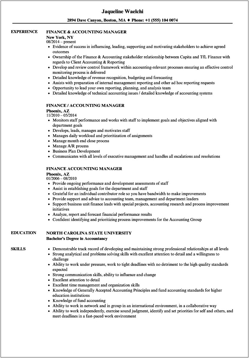 Sample Resumes For Accounting And Finance