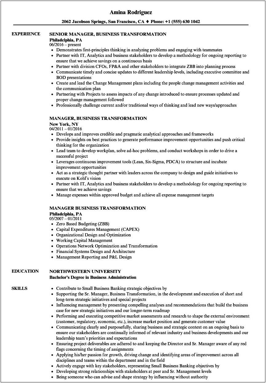 Sample Resumes For Business Translformation Role