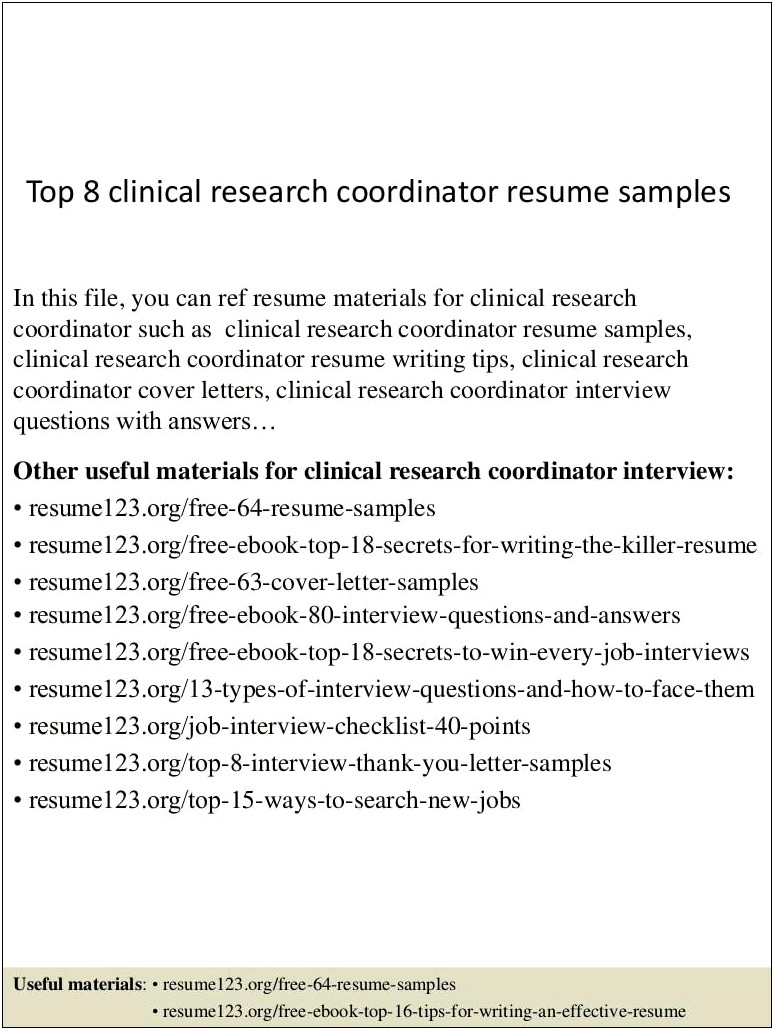 Sample Resumes For Clinical Research Coordinator