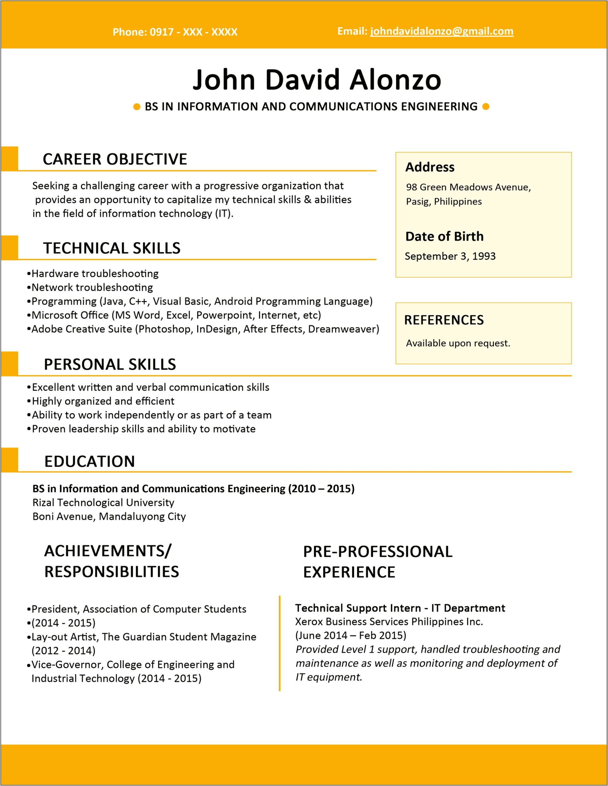 Sample Resumes For Engineering Students Pdf