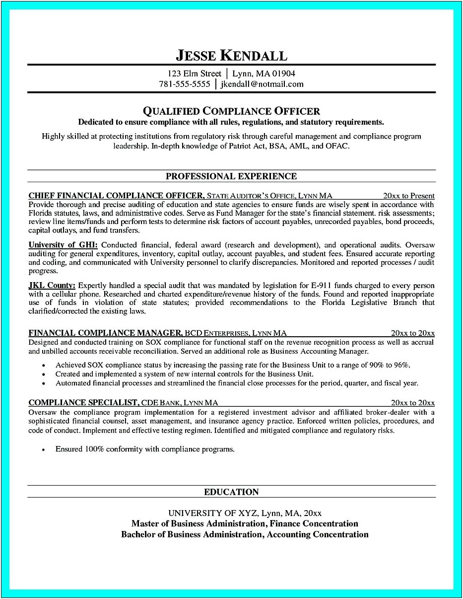 Sample Resumes For Ethics And Compliance Officer