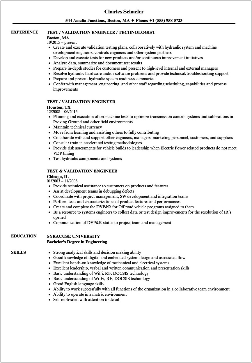 Sample Resumes For Experienced In Testing And Verification