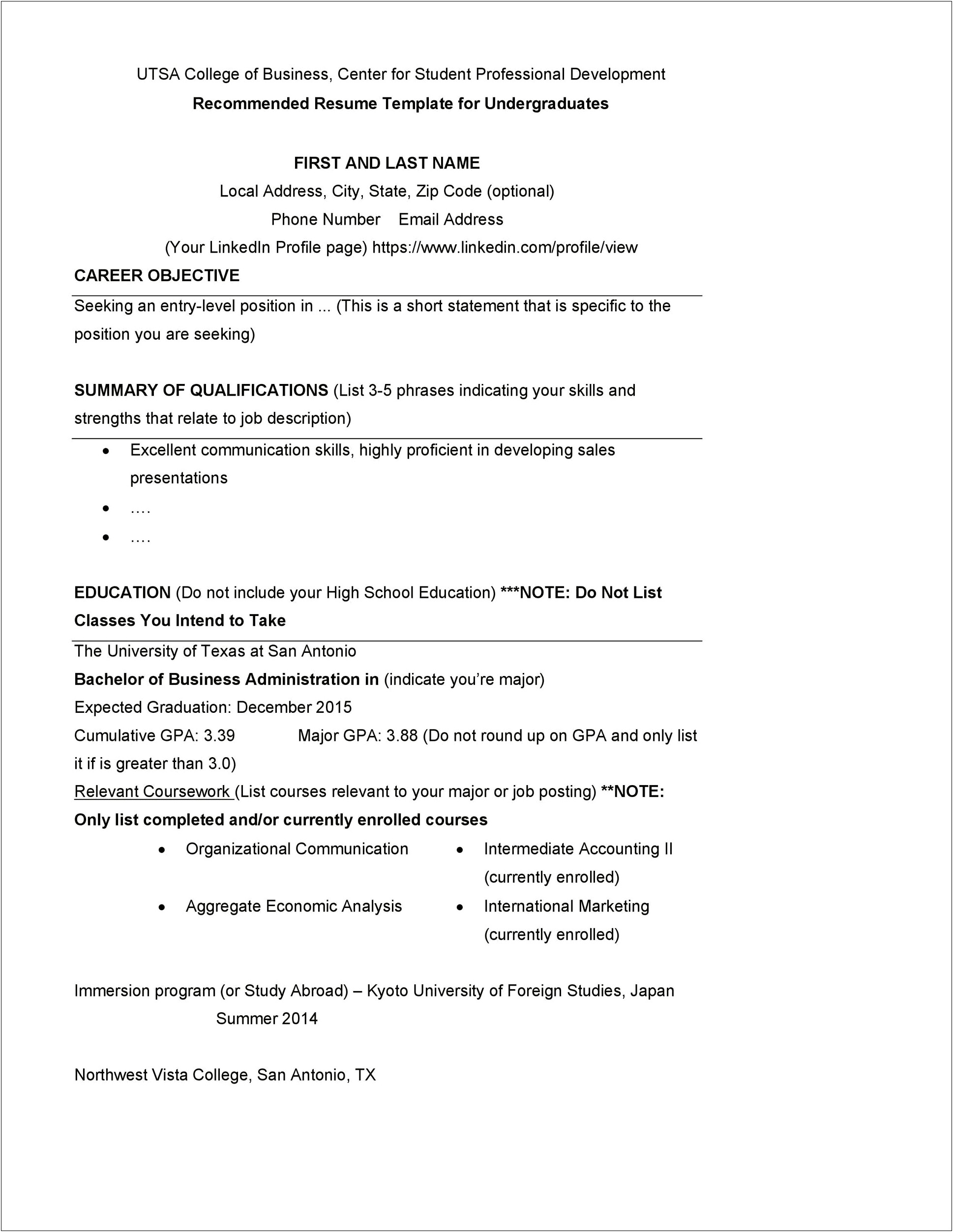 Sample Resumes For First Job Undergraduate