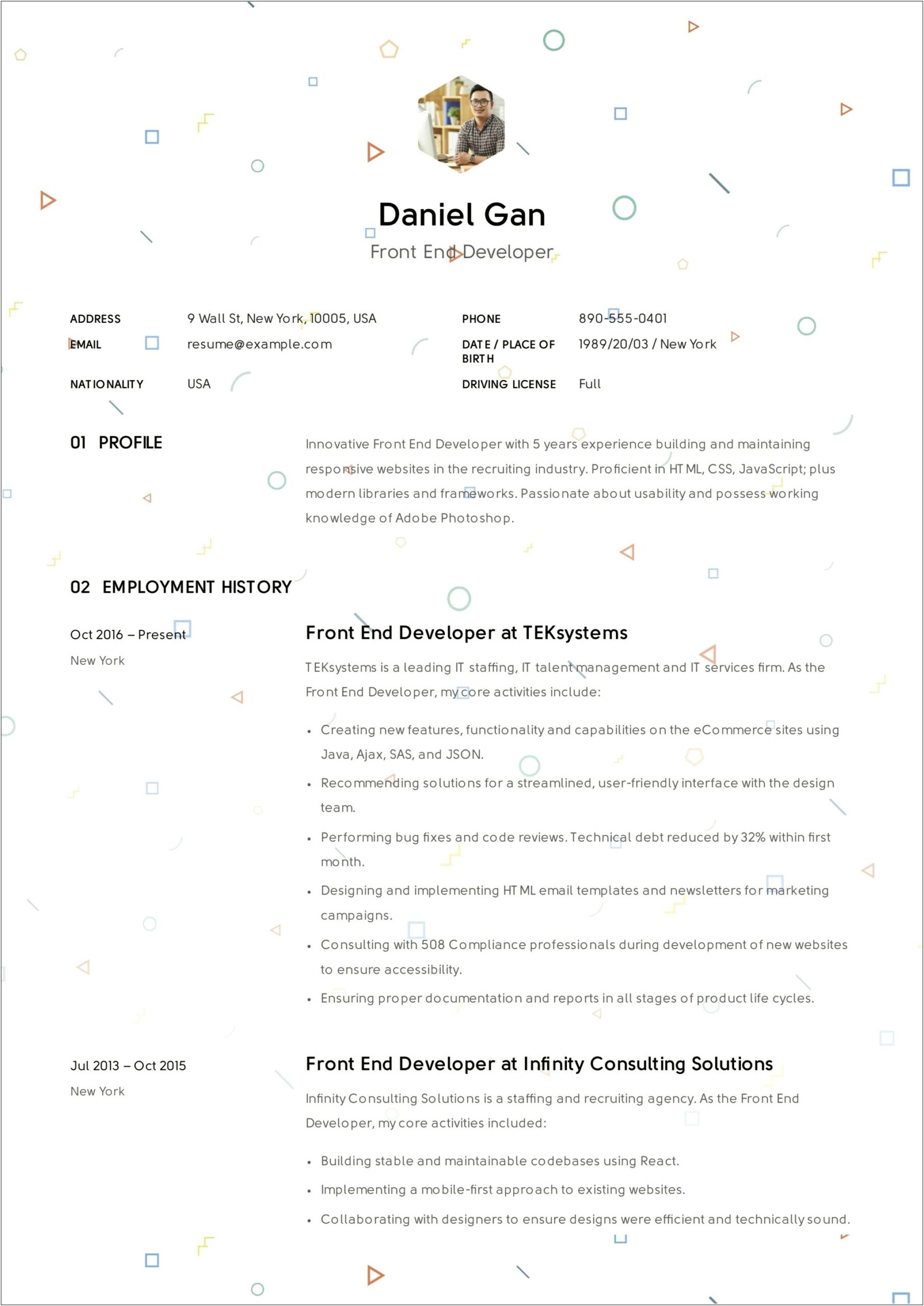 Sample Resumes For Front End Developer With Unix