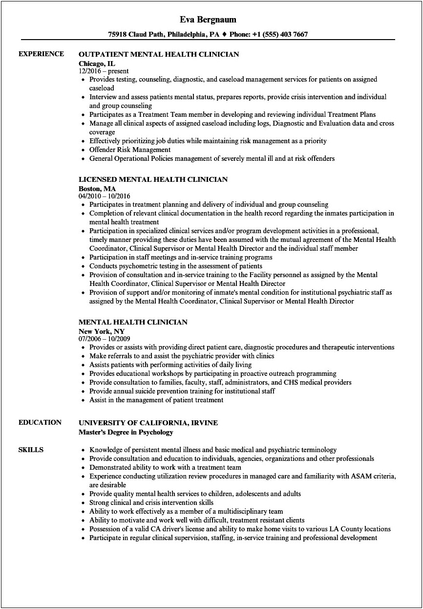 Sample Resumes For Mental Health Professionals