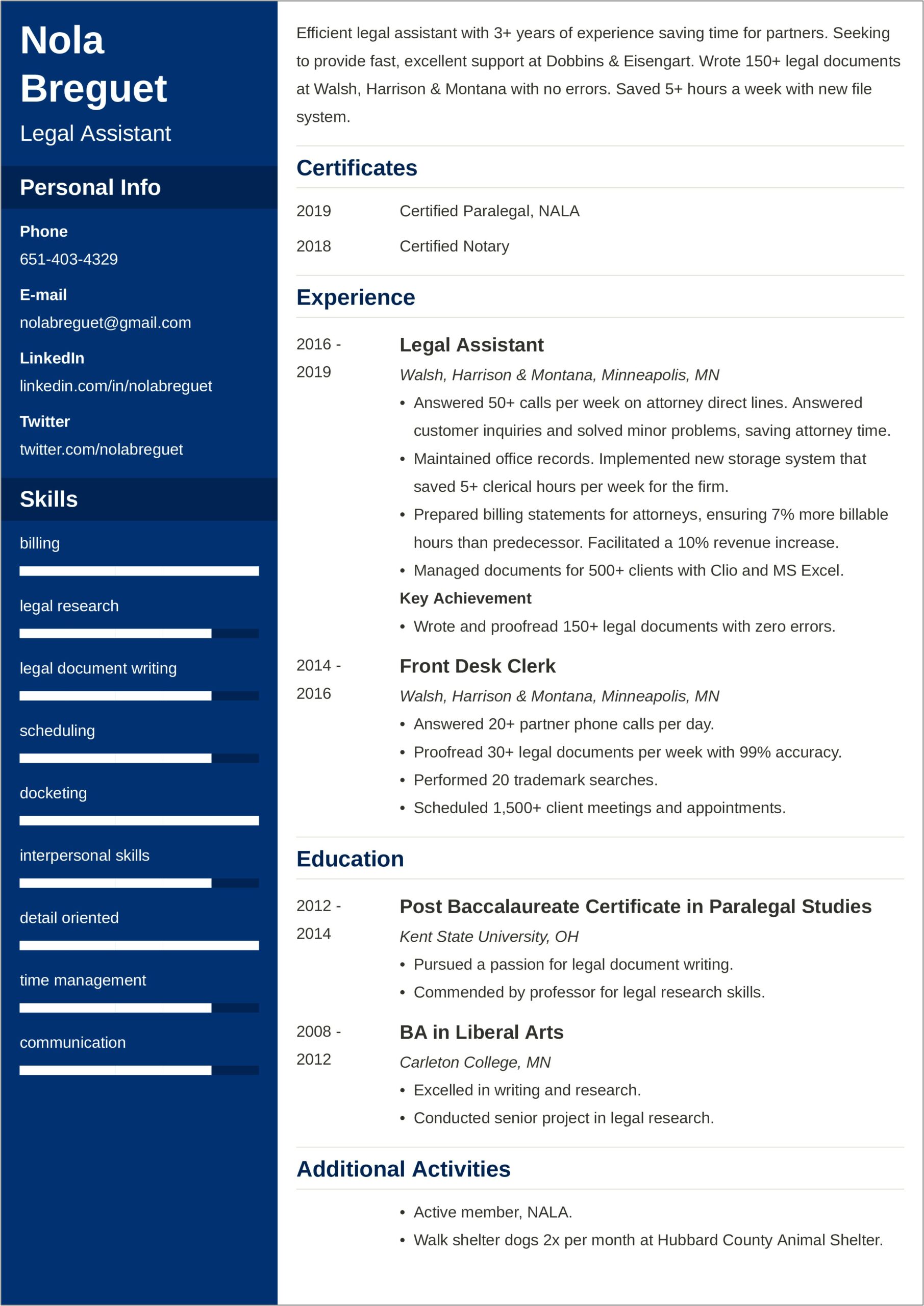 Sample Resumes For Paralegal With No Experience